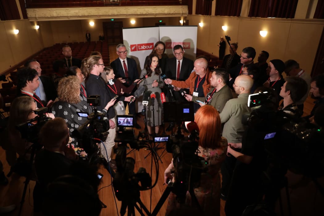 Labour leader Jacinda Ardern talks to media at the party's re-election campaign launch.