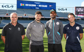 New Zealand's coach Darren Bazeley, New Zealand's Liberato Cacace, New Caledonia's Jekob Jeno and New Caledonia's coach Johann Sidaner. FIFA World Cup 2026 - OFC Qualifiers.
