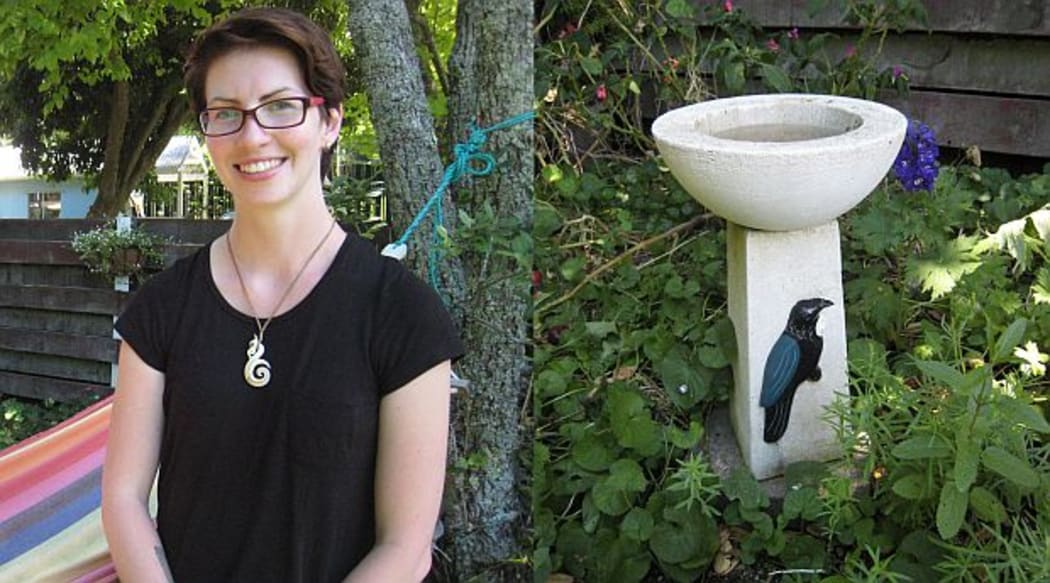 Josie Galbraith, and a bird bath in one of the study gardens, which offers birds a regular water supply.