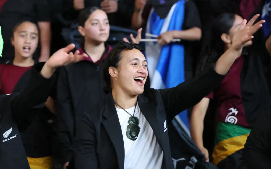 Ruahei Demant at the Black ferns' farewell ceremony for the 2025 World Cup.