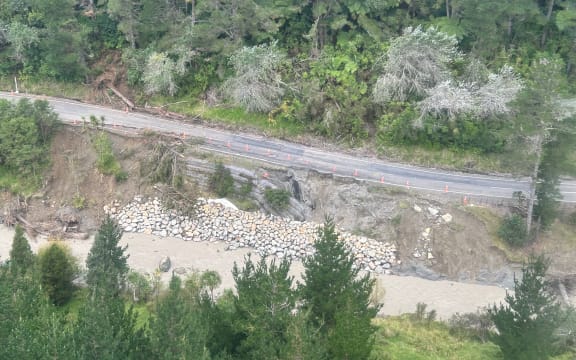Flood damage as seen from the sky over Tokomaru Bay around the Mangahauini river.