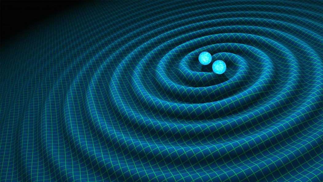 An artist's impression of gravitational waves generated by colliding space objects, in this case binary neutron stars.