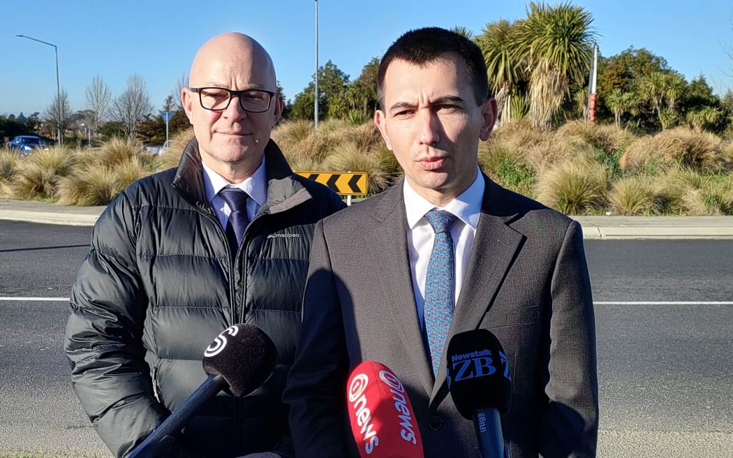 Transport Minister Simeon Brown (right) announced the Woodend Bypass will go ahead, during a visit to Waimakariri in July, with Waimakariri MP and Associate Transport Minister Matt Doocey. Photo: David Hill / North Canterbury News [LDR single use only]