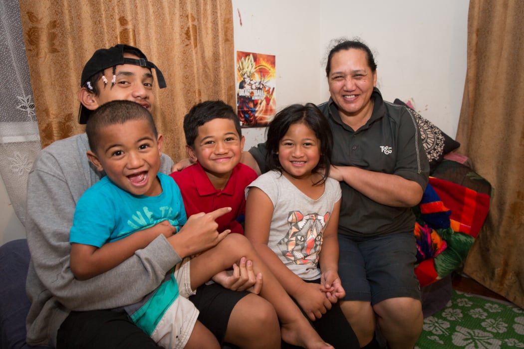 Tutu Maru Wichman (far right) with her son Timoteo,14 (far back left), and three of her grandchildren, Tekura, 4 (front left), Tewhareto, 7 (centre), and Mereana, 5 (centre right).