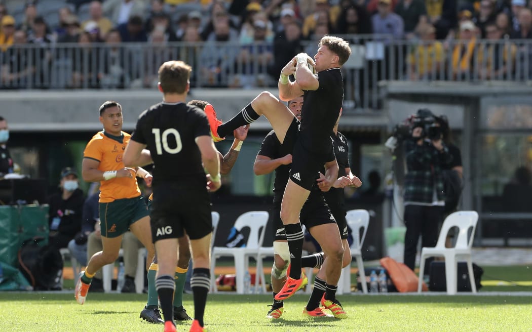Jordie Barrett of the All Blacks kicks Marika Koroibete of the Wallabies in the face during the Rugby Union Bledisloe Cup Game 3 between the Australia Wallabies and the New Zealand All Blacks at Optus Stadium in Perth, Sunday, September 5, 2021.