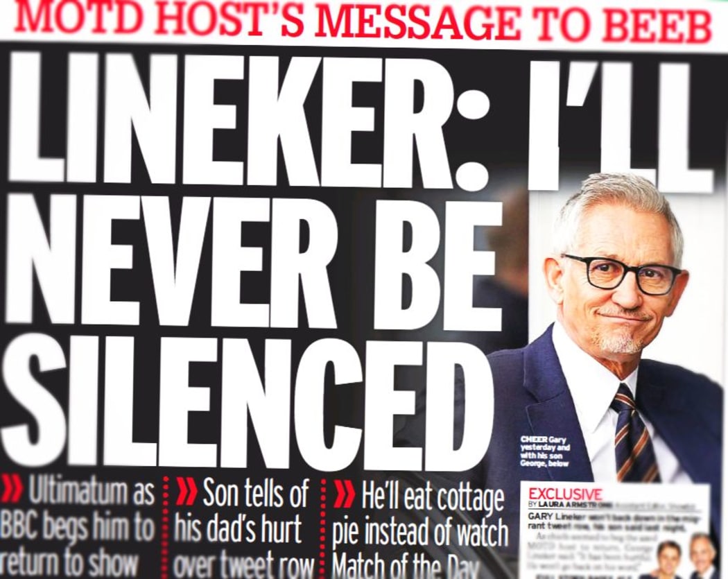 The UK's Daily Mirror reports on Gary Lineker's battle with the BBC's top brass.
