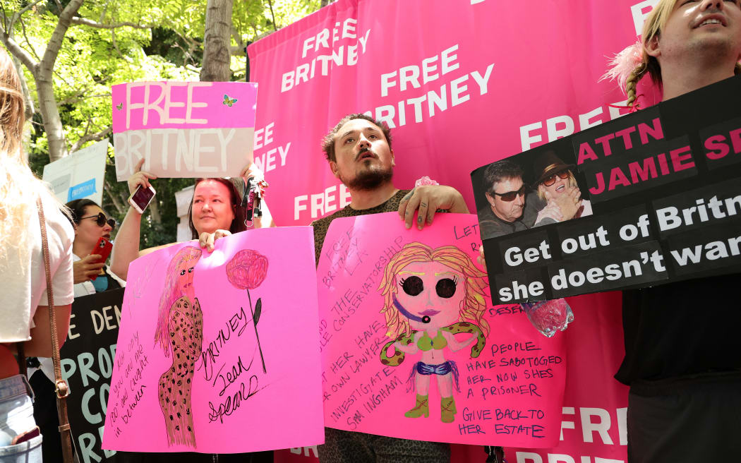 #FreeBritney activists protest at Los Angeles Grand Park during a conservatorship hearing for Britney Spears.