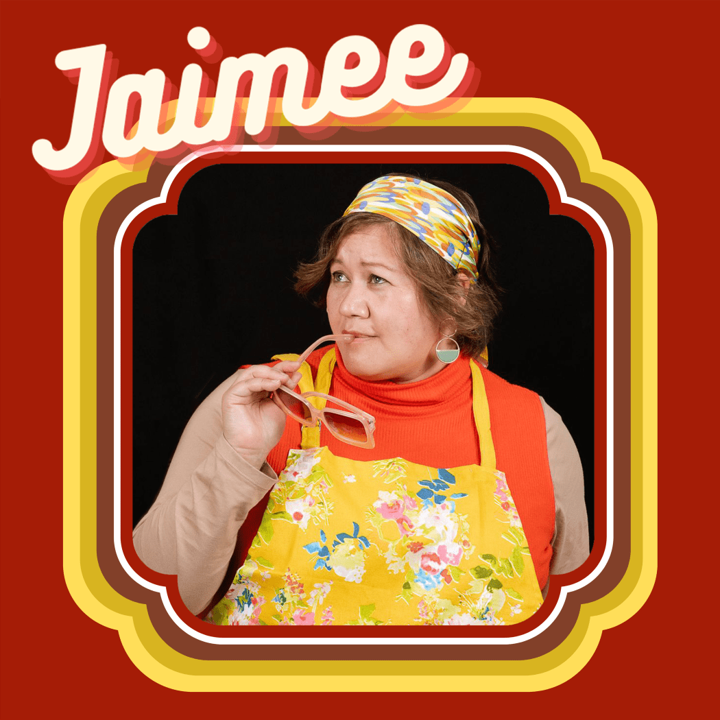A young woman in a 1970s apron looks thoughtfully out of the frame. Above her head is the name 'Jaimee'.