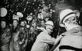 The ceremonial blast made through the Manapouri Power Station's tailrace in 1968.