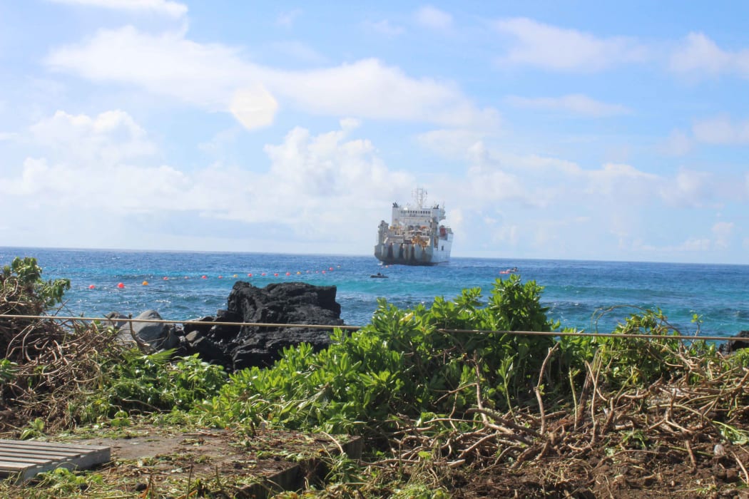 Anchored about 1,000 feet off the shore of Fogagogo, in American Samoa on 21 April the vessel , Responder, laying the Hawaiki cable to the Fogagogo landing station.