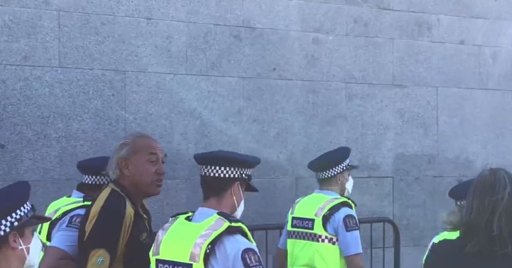 Protester Brent Powers being arrested at Parliament this afternoon.
