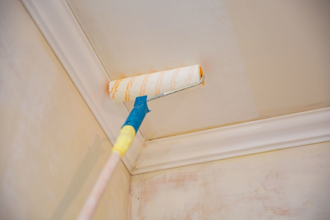 painting a gypsum plaster ceiling with paint roller. repairs