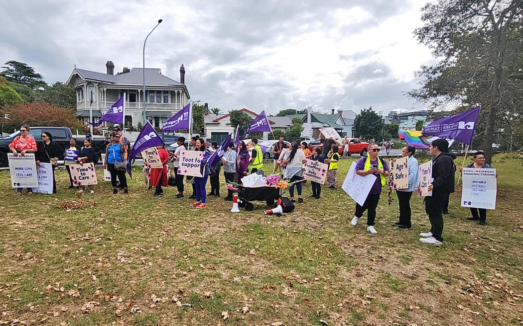 Aged care workers protesting Bupa roster changes in Auckland.