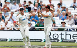 Nathan Smith (left) celebrates taking the match winning catch with Zak Foulkes. England v New Zealand Blackcaps, Day 5 of the 3rd Test cricket match at Trentbridge, Nottingham, England on Monday 29 June 2026.
New Zealand tour of England.