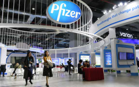 The booth of Pfizer Inc. during the second China International Import Expo (CIIE) in Shanghai, east China.