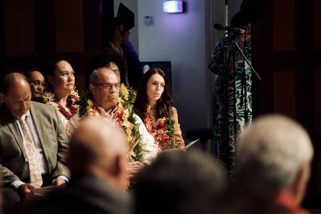 PM is seated next to Carmel Sepuloni,  Jenny Salesa, Anahila Kanongata'a-Suisuiki, Willie Jackson and Aupito William Sio.