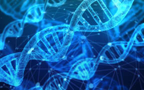 A digital rendering of DNA helix molecules, in a bright blue colour