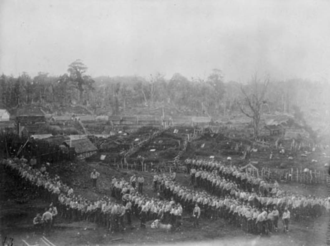 Armed constabulary prepare to advance on Parihaka pā, in Taranaki, in 1881.