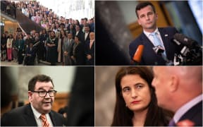 Clockwise from top left; Prime Minister Jacinda Arden without mask in photograph with Youth MPs,  ACT leader David Seymour, National Party deputy leader Nicola Willis, Finance Minister Grant Robertson.