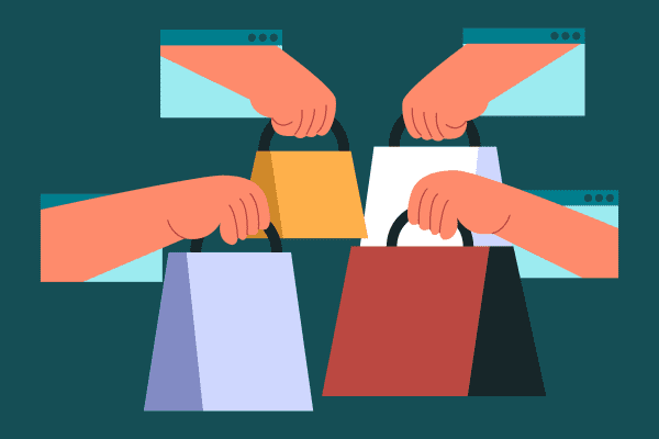 An illustration of hands popping out of web windows handing out bags of goodies.