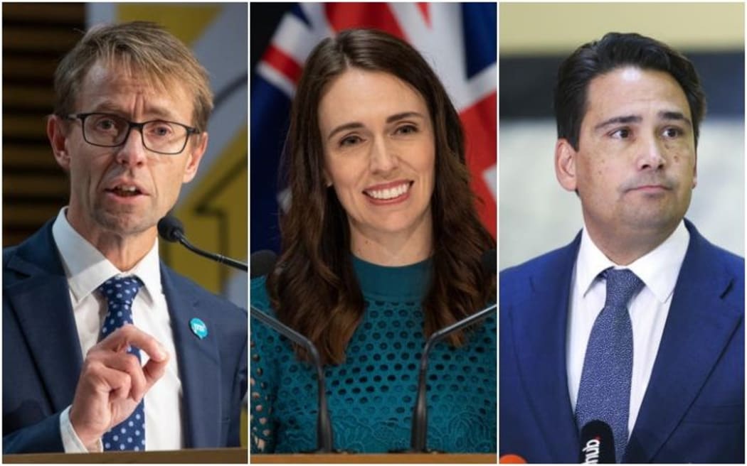 Director-General of Health Dr Ashley Bloomfield (far left), Prime Minister Jacinda Ardern and National Party leader Simon Bridges.