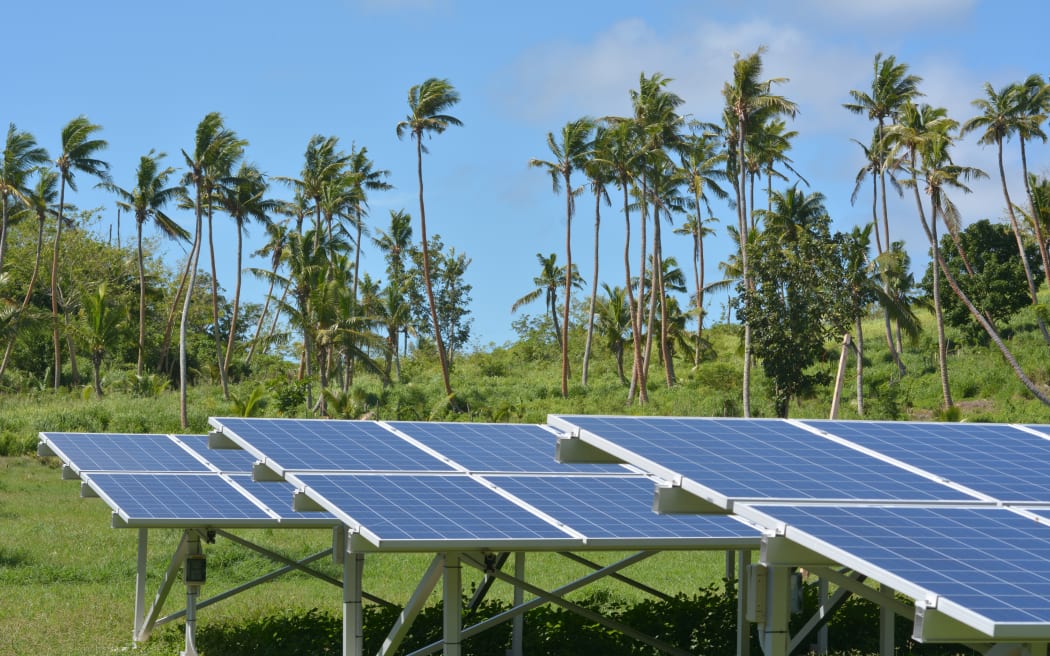 Solar PV panels on a remote island in Fiji. Fiji's sustainable energy goals include obtaining more than 80% of the country's electricity from renewable energy by 2020 and 100% by 2030.
