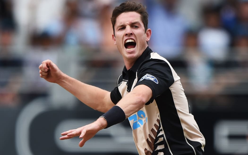 Adam Milne celebrates the wicket of Gunathilaka, January, 2016.