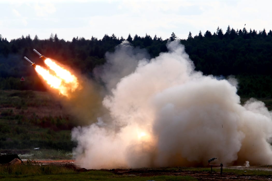 Russia's TOS-1A Solntsepek, a multi-barrel rocket launch (MBRL) system is demonstrated  in Kubinka.
