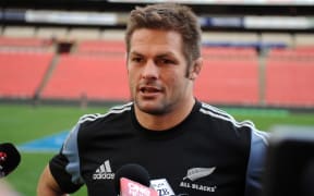 Richie McCaw talks to the media at the All Blacks captain's run at Ellis Park