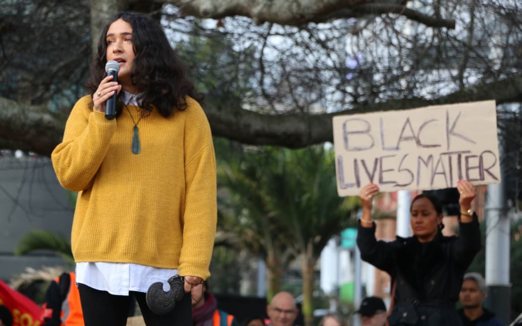 Emilie Rākete from People Against Prisons Aotearoa and the Arms Down movement speaks at the Black Lives Matter protest at Aotea Square in Auckland, on 14 June, 2020.