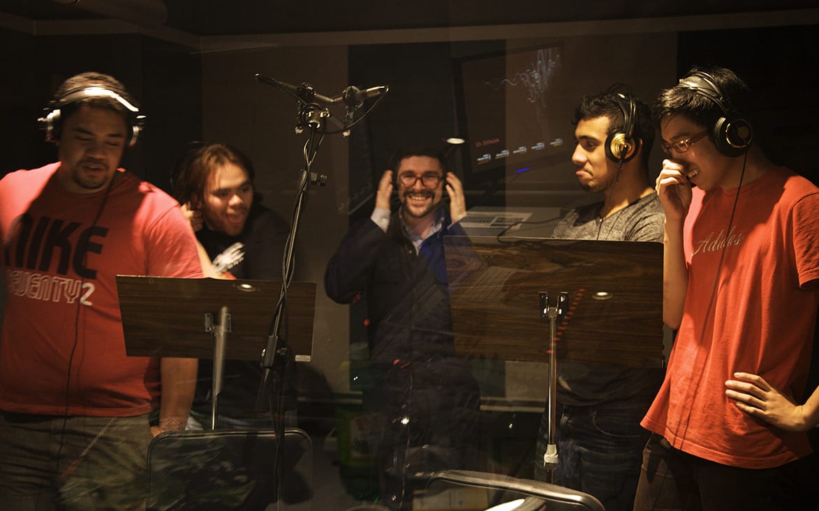 Pene Pati, Grant O'Connor, Dudley Benson, Moses McKay and Jeffrey Chang recording Dudley's a cappella album 'Forest'.