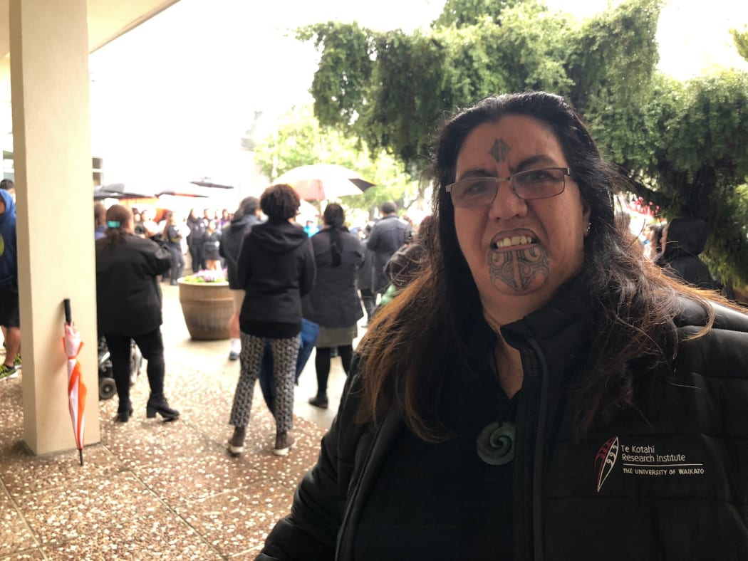 University of Waikato associate professor Leonie Pihama at the protest against the plan to scrap the Māori and Indigenous Faculty.