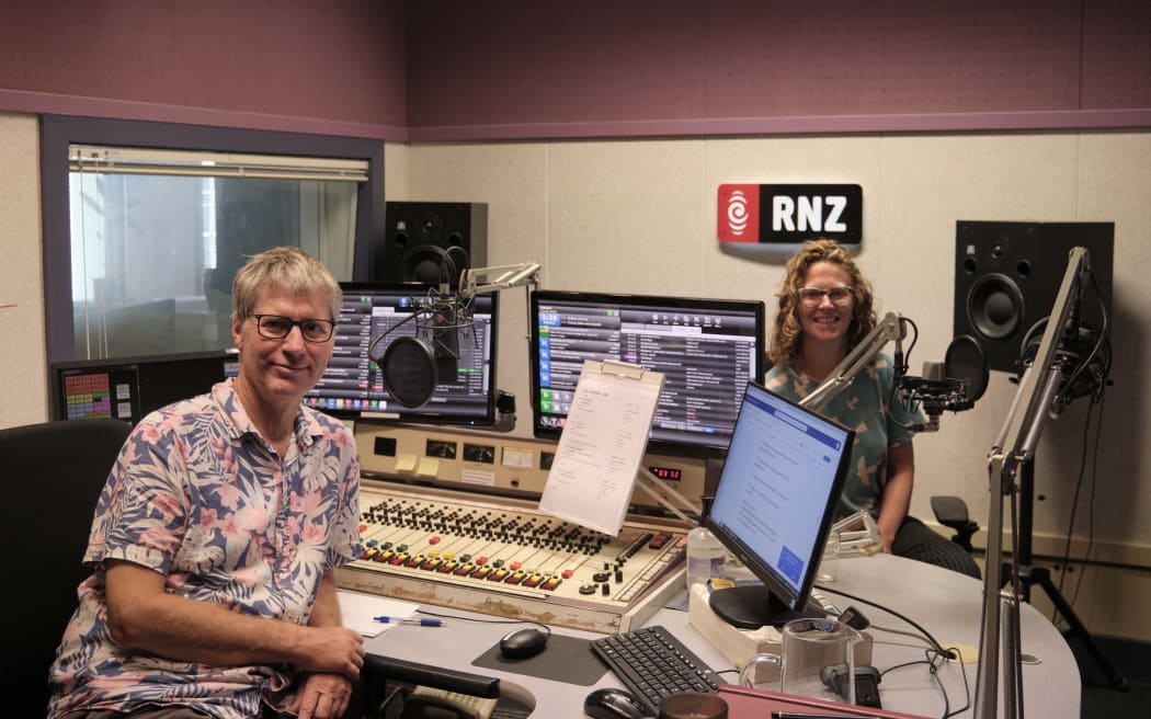 Austrian clarinettist Anna Koch with RNZ host Bryan Crump
