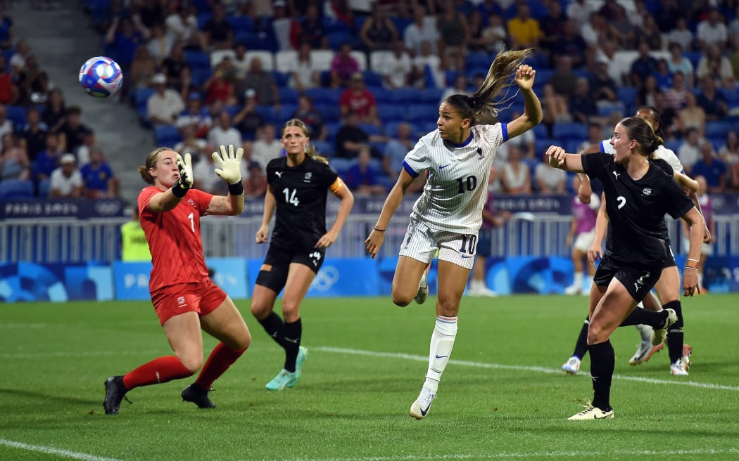 France's Delphine Cascarino tries to score a goal past New Zealand's goal keeper Anna Leat only to be saved by her during the Paris Olympics 2024 Football game between Football Ferns vs France at Lyon Stadium, in Lyon, France. Wednesday 31 July 2024. Copyright Photo: Raghavan Venugopal / www.photosport.nz