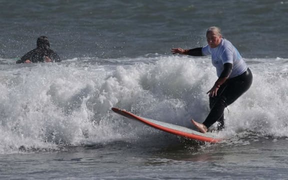 Mt Maunganui's Nicky Murden in action at the Easter Masters Surfing Championships in Taranaki.