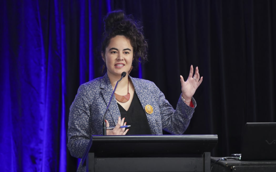 Julia Amua Whaipooti, JustSpeak spokesperson and Children’s Commission senior advisor specking at the Police conference in Wellington focused on the cannabis referendum.