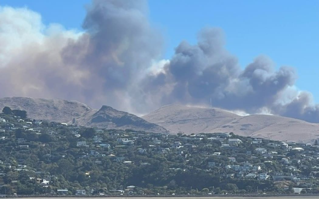 The Port Hills fire on 14 February 2024 as seen from Southshore in Christchurch.