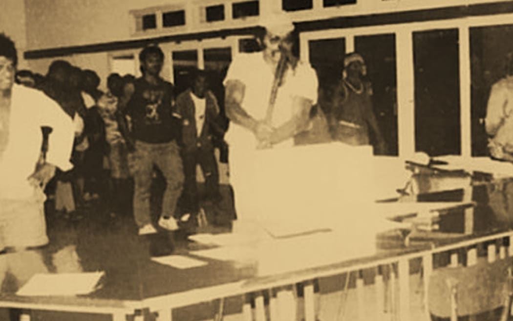 On 18 November 1984, territorial elections day in New Caledonia, Eloi Machoro smashed a ballot box in the small town of Canala
