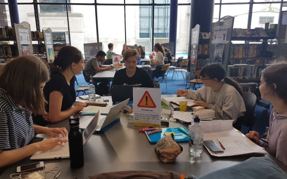 Students (from left) Ella McGovern, Willow Ashby, Brooke Giblin, Nova Waretini-Hewison and Eden Kettles study for their NCEA exams.