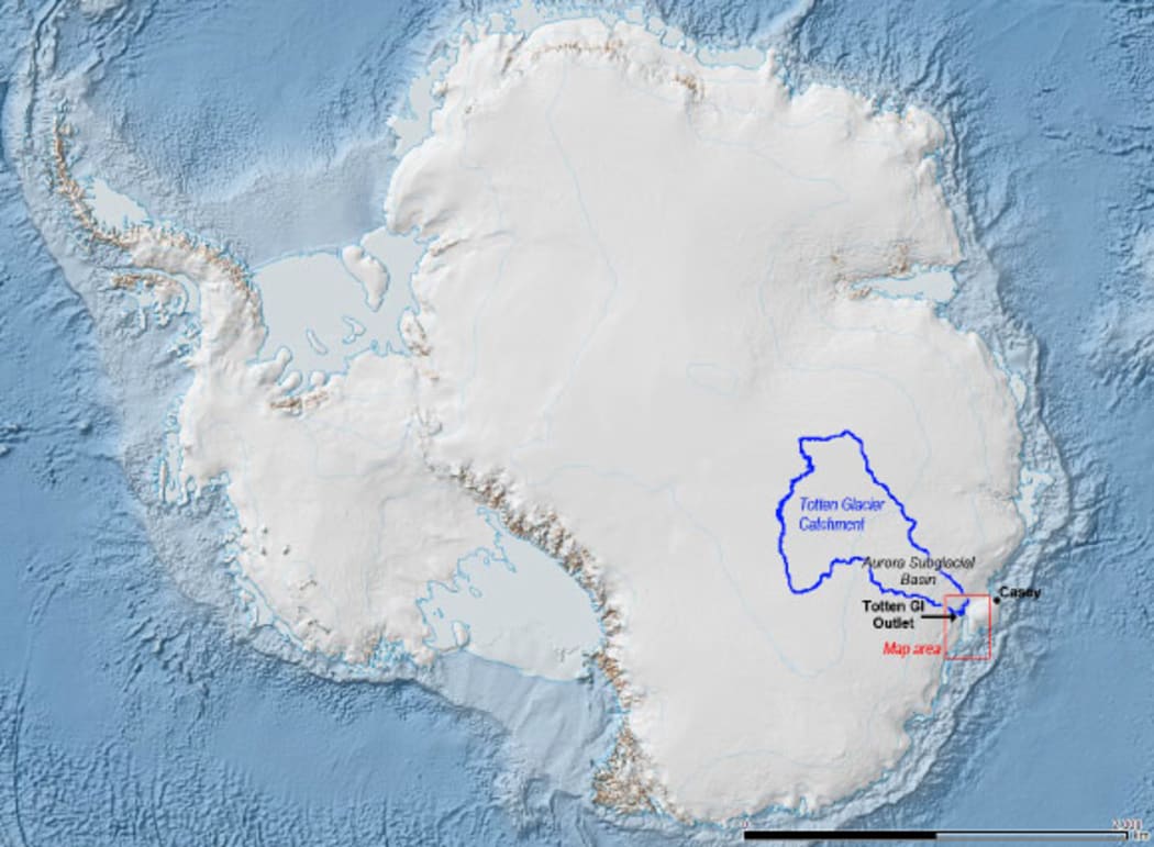 The Totten Glacier catchment is estimated to contain enough ice to raise sea levels by at least 3.5 metres.