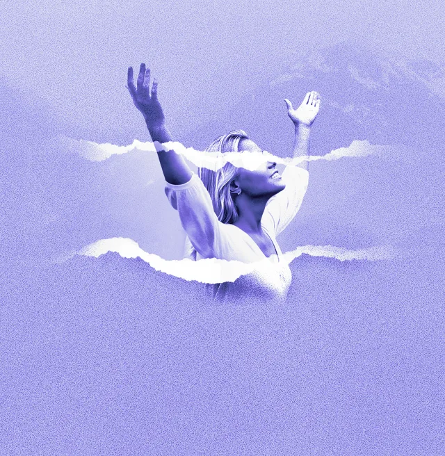 Image of a smiling woman with her hands raised in the air in a "praising" style. Her eyes are covered with a teared page rip across her face and across the image below. There are mountains in the distance behind her. The image is in a purple wash. The RNZ badge is in the bottom left corner.