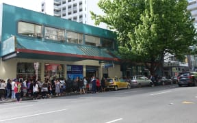 The queue outside Auckland City Mission for the first day of the Christmas foodbank service.