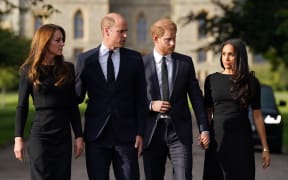 Catherine, Princess of Wales, Prince William, Prince of Wales, Prince Harry, Duke of Sussex, and Meghan, Duchess of Sussex on the long Walk at Windsor Castle on September 10, 2022, before meeting well-wishers after the death of the Queen.