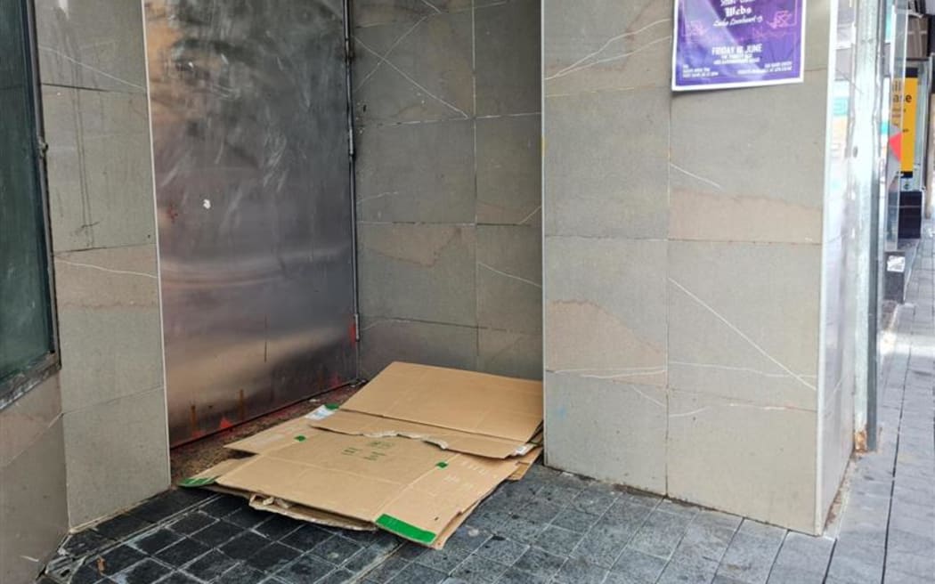 A cardboard shelter in the Auckland CBD.
