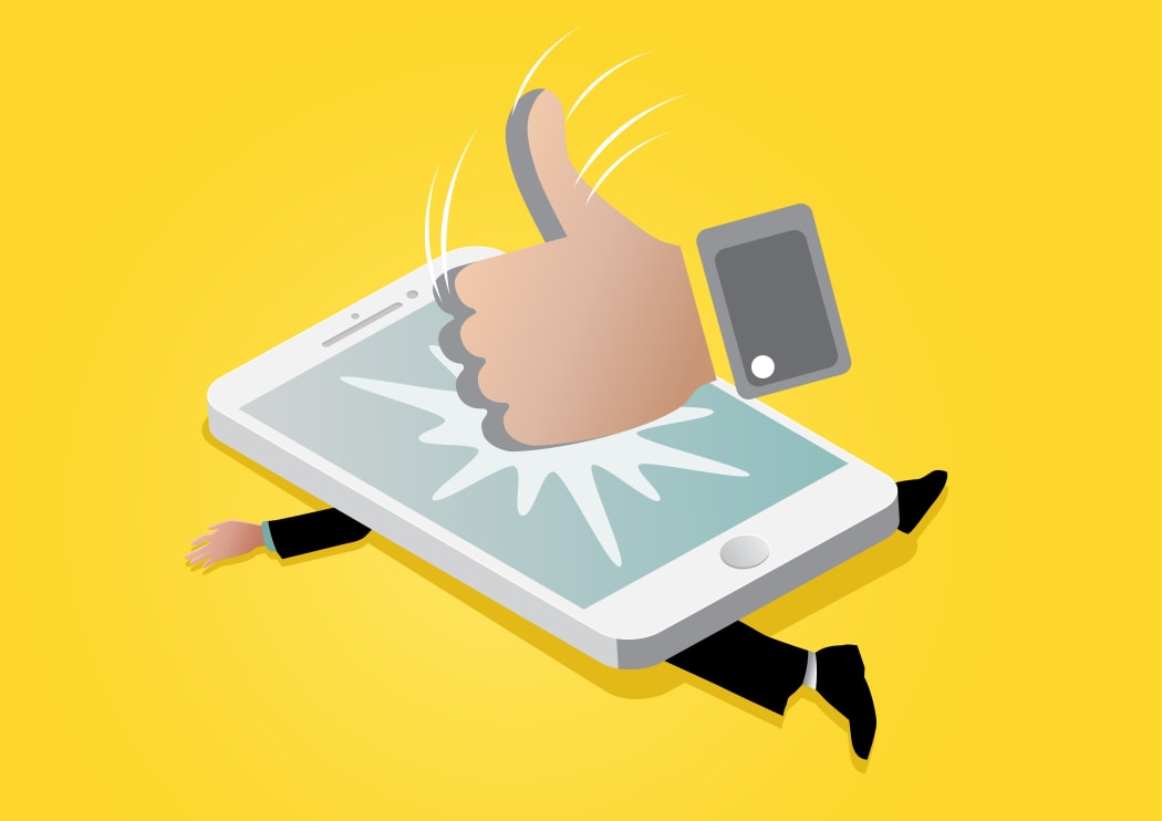 Illustration of giants like icon stumping on mobile phone and squashed businessman underneath it