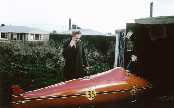 Burt Munro in Invercargill in 1962 preparing to pack up the Indian inside it’s Streamliner to send to Bonneville. Also pictured: a young Neville Hayes, now the Managing Director of E Hayes and Sons Invercargill, and the owner of Burt’s Indian