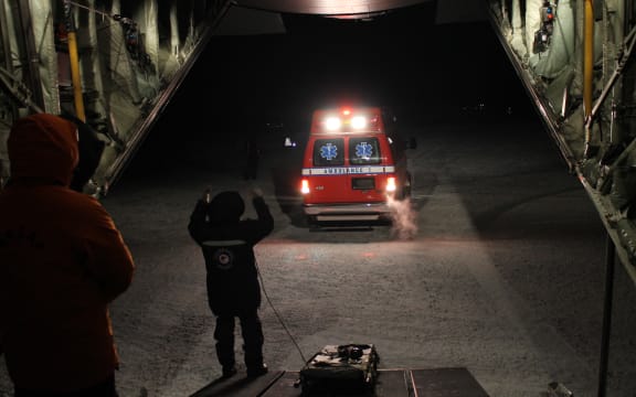 A C-130H Hercules carries out a medical evacuation in Antarctica.