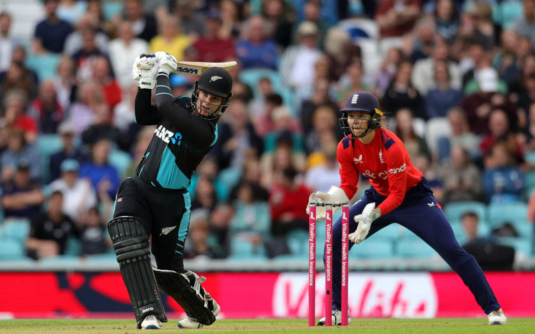 New Zealand's Brooke Halliday plays a short during the fourth T20 international against England.