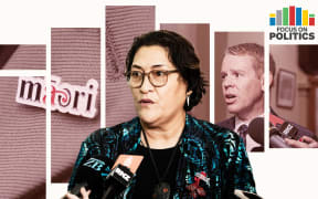 Meka Whaitiri with background of Chris Hipkins and Te Pāti Māori lapel pin