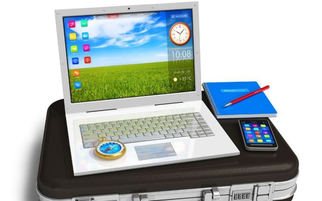 Briefcase, smartphone, laptop